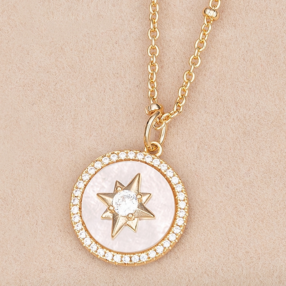 Champagne Gold Necklace with Mother Of Pearl, Round Star / Starburst Compass